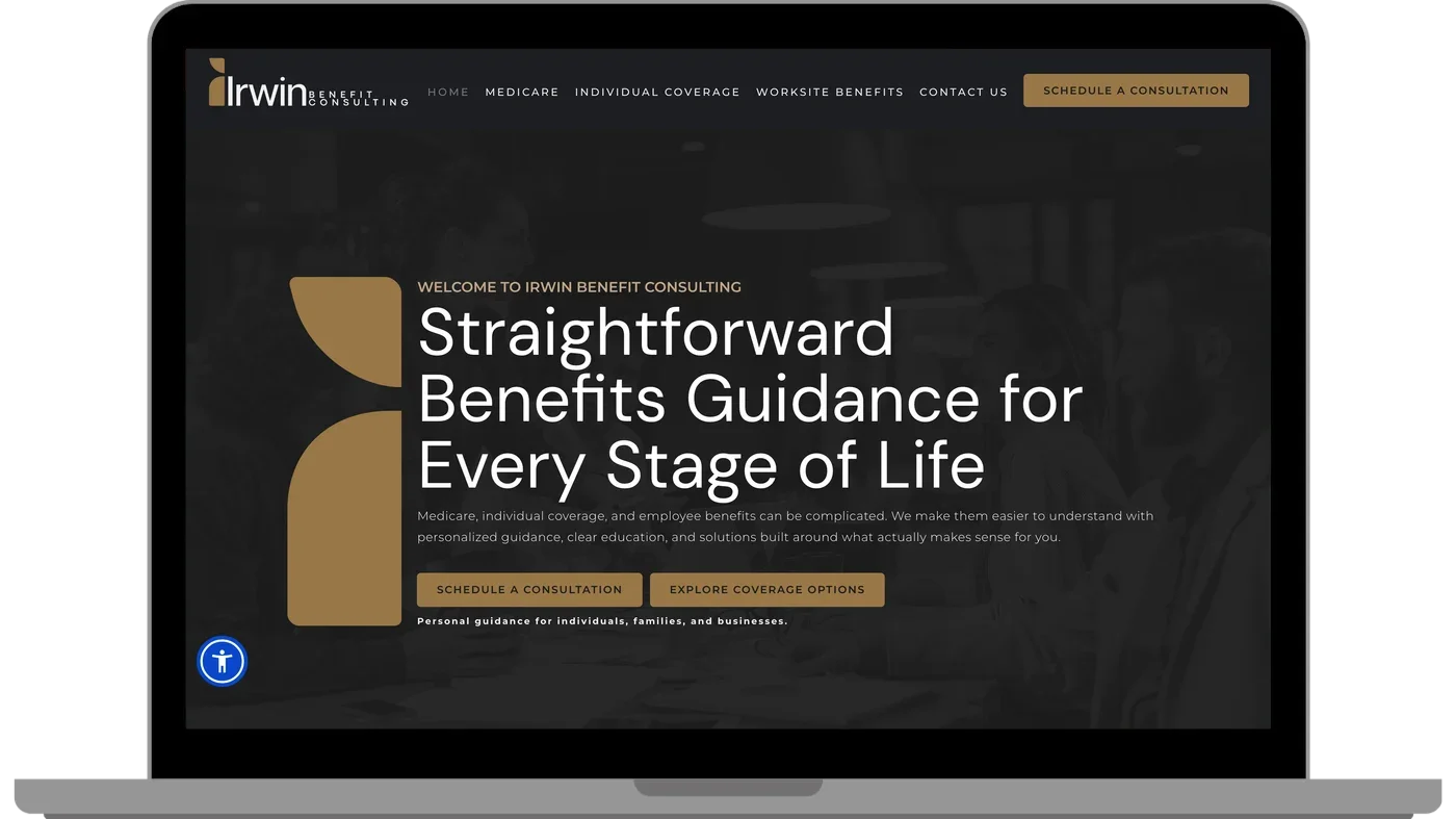 Irwin Benefit Consulting's website on a laptop
